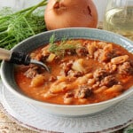 A delicious looking bowl of Italian Sausage, Fennel and White Bean Soup in a bowl with a spoon.