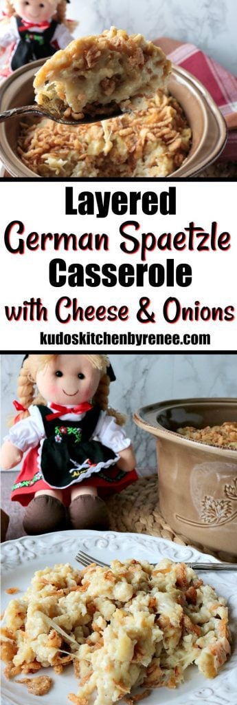 A photo collage of German Spaetzle casserole with a title text overlay in the center.