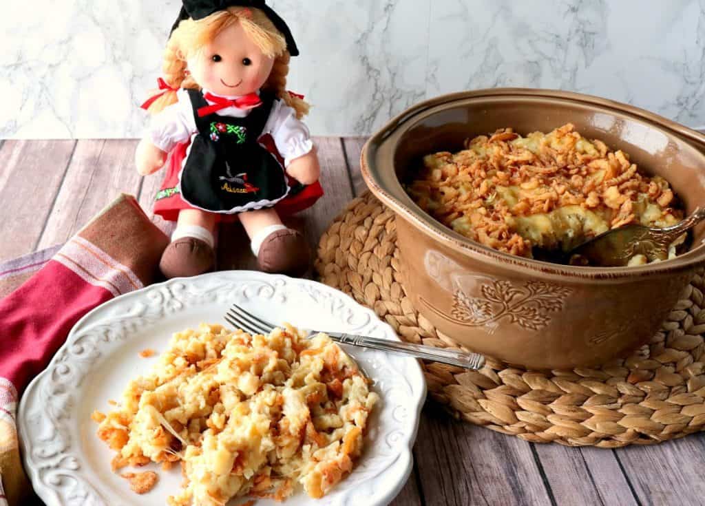 Layered German Spaetzle with Cheese and Crispy Onion Casserole