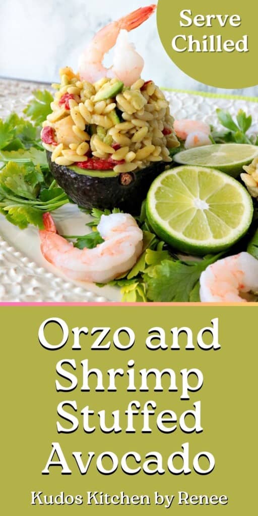 A Pinterest pin for Orzo and Shrimp Stuffed Avocado with a title text.