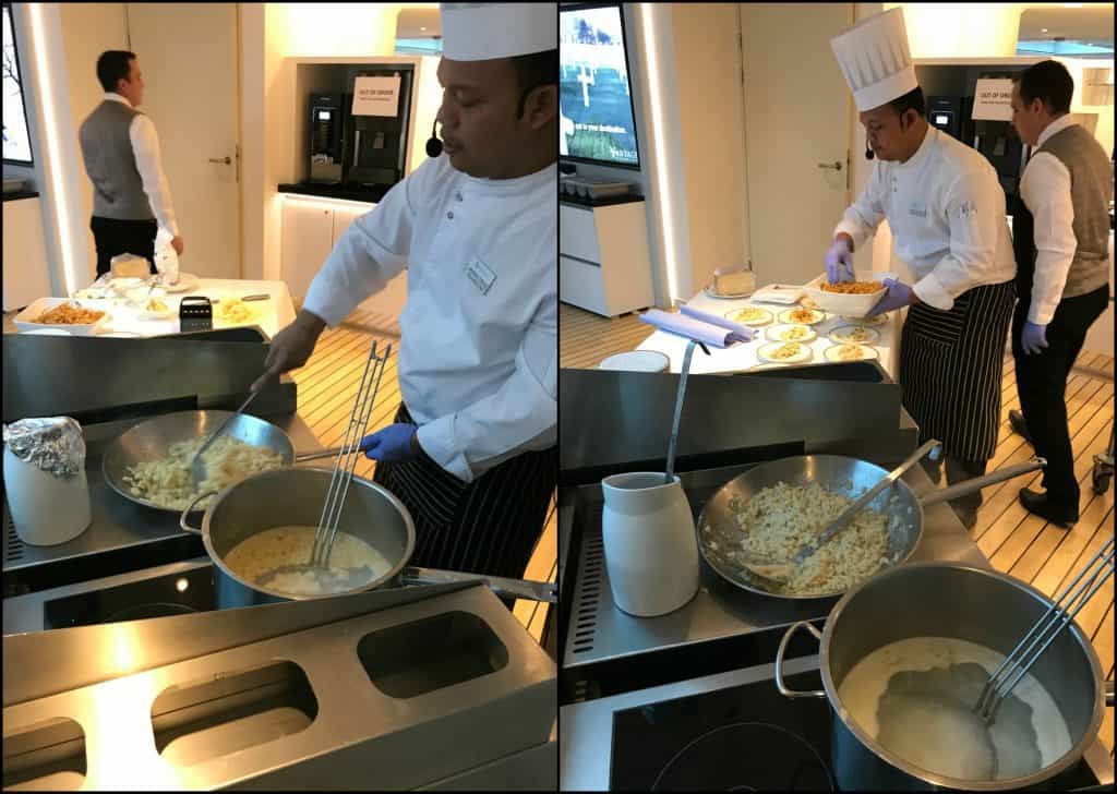 Two photos of cruise ship chefs' in the kitchen.
