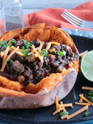 Spicy Tex-Mex Stuffed Sweet Potatoes with Ground Beef & Beans - www.kudoskitchenbyrenee.com