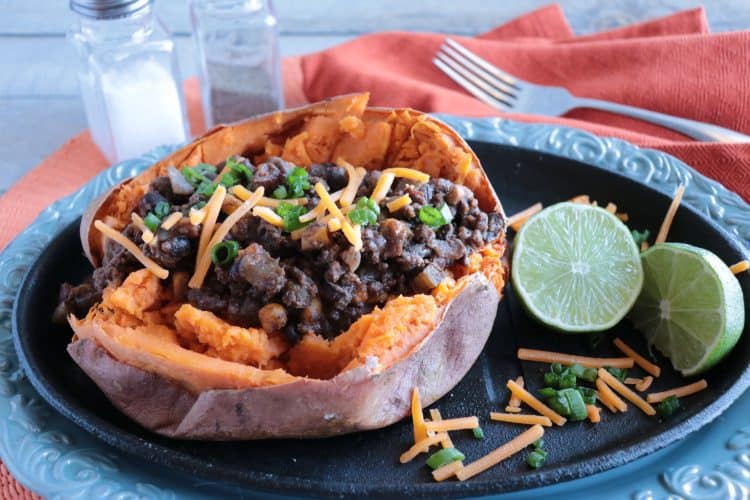 spicy smoky tex-mex stuffed sweet potatoes with ground beef & beans