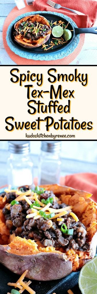 Vertical collage image of  Tex-Mex Stuffed Sweet Potatoes with Ground Beef & Beans 