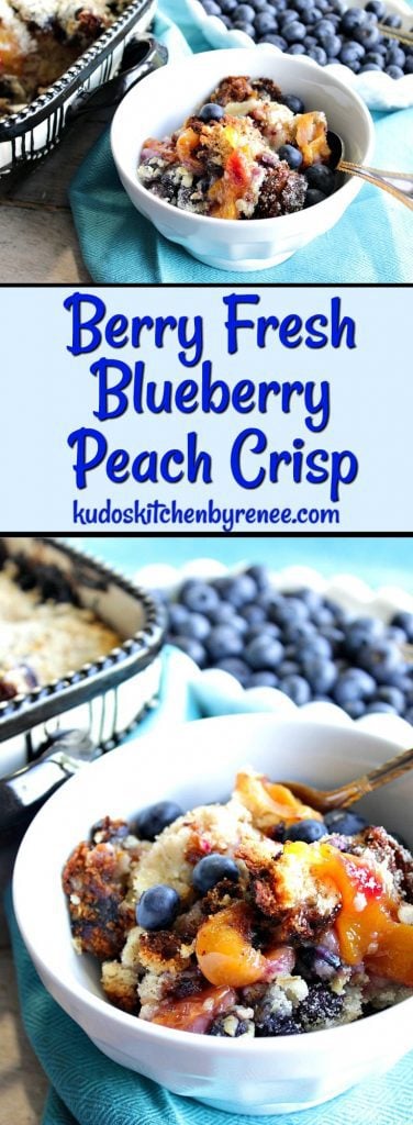A two image vertical collage along with a title text overlay graphic for Blueberry Peach Crisp.