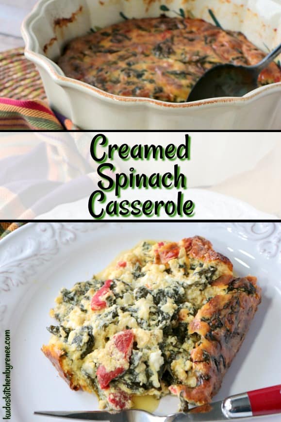 Keto Creamed Spinach Casserole with roasted red pepper and heavy cream. - www.kudoskitchenbyreneecom