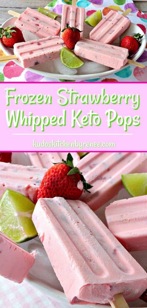 A vertical title text photo collage of frozen strawberry popsicles with fresh strawberries and lime wedges.