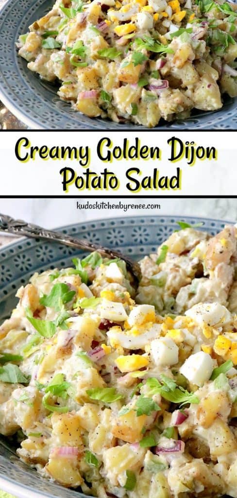 Title text collage image of creamy Dijon potato salad in a blue bowl.