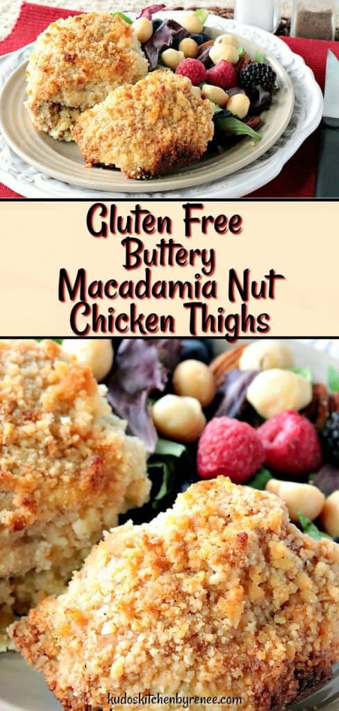 Gluten Free Macadamia Nut Chicken Thighs are tender, meaty, and buttery rich in flavor. These will soon become a family favorite with their light crunch, and mildly tropical flavor. - kudoskitchenbyrenee.com