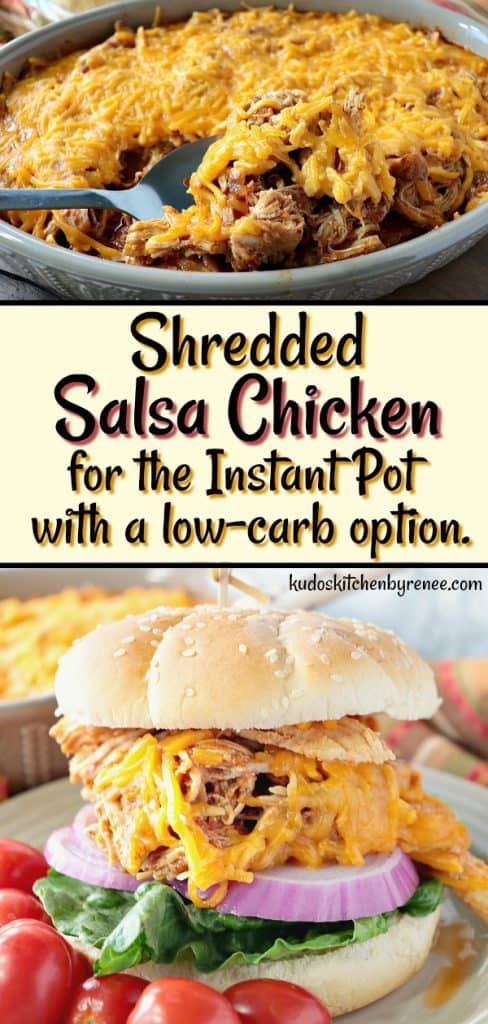 Shredded Salsa Chicken can be eaten plain, for the low carb version, or piled high on a bun for a sandwich for those who prefer their meat with bread. Talk about a versatile recipe the whole family will enjoy!! - kudoskitchenbyrenee.com 