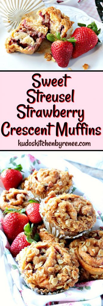 Title text collage images of strawberry crescent muffins. 