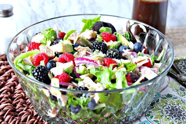 berry delicious chicken avocado salad w/ strawberry balsamic vinaigrette