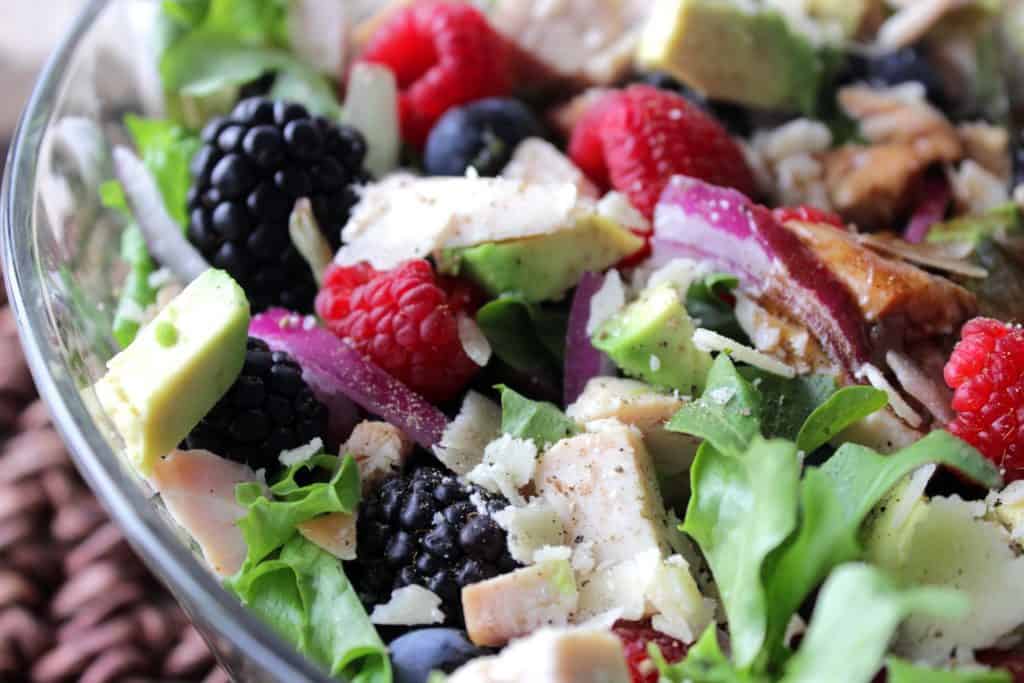 Berry Delicious Chicken Avocado Salad with Strawberry Balsamic Vinaigrette. - kudoskitchenbyrenee.com