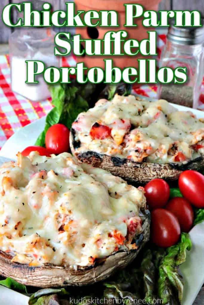 Closeup photo of two portobello mushrooms stuffed with chicken Parmesan.