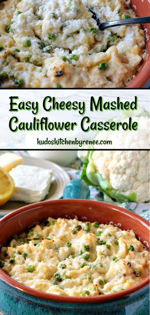 Vertical title text collage of cheese mashed cauliflower casserole.