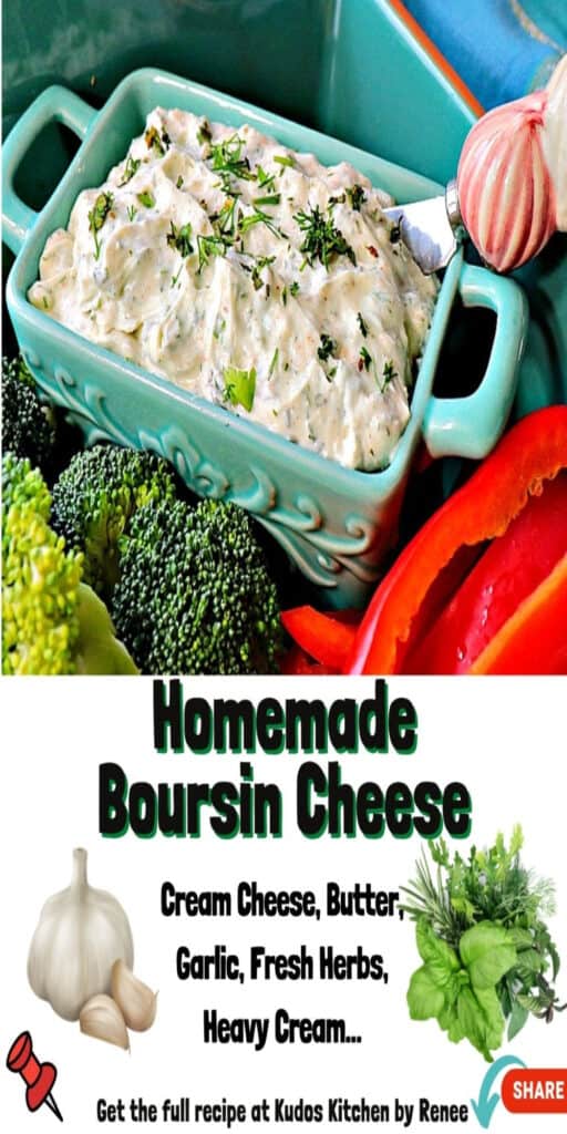 A crock of Homemade Boursin Cheese along with a title text overlay graphic and an ingredient list.