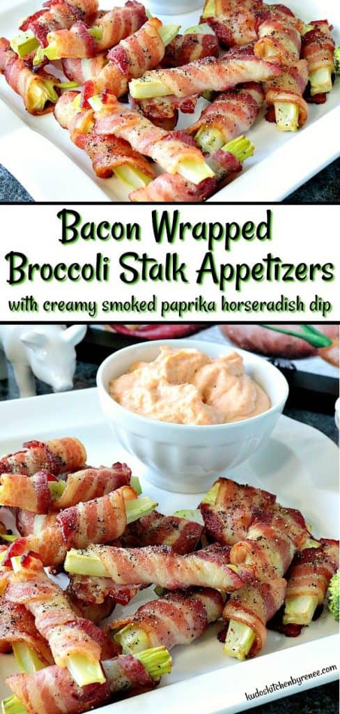 Vertical collage images of bacon-wrapped broccoli stems with title text overlay