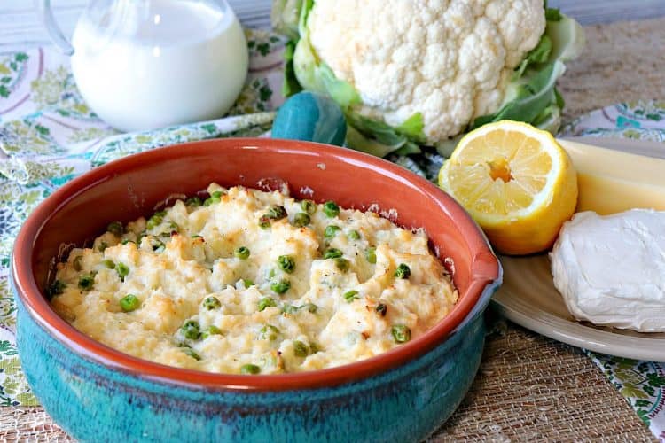 best easy cheesy mashed cauliflower casserole with peas