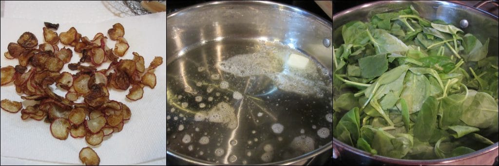 Fried radish chips and making creamed spinach.