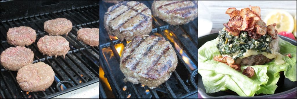 Burgers on a grill to make Ground Beef Burgers with Lemon Creamed Spinach.