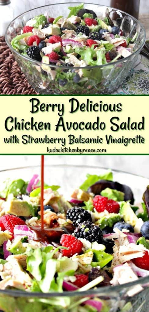 This Berry Delicious Chicken Avocado Salad is my very favorite salad. While I don't always add chicken, but I do always make my own vinaigrette. Today I'm sharing how to make my strawberry balsamic vinaigrette. It's a wonderfully fruity compliment to this tasty, healthy, and satisfying salad. - kudoskitchenbyrenee.com