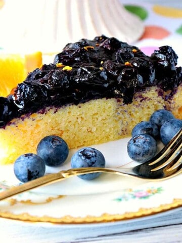 Golden Almond Cake with Fresh Blueberry Orange Compote is keto friendly, gluten-free and low carb. It's simply delicious! - kudoskitchenbyrenee.com