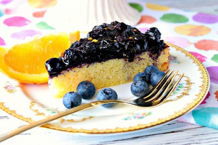 golden almond cake with fresh blueberry orange compote