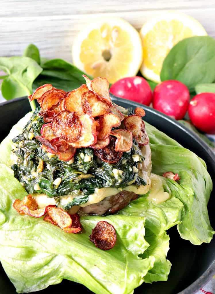 My mission, should I choose to accept, was to make a burger using the secret ingredients; lemon, spinach, cream, and radishes. The result is this 100% Beef Burger Topped with Creamy Lemon Spinach & Fried Radish Chips. What would you have made? 