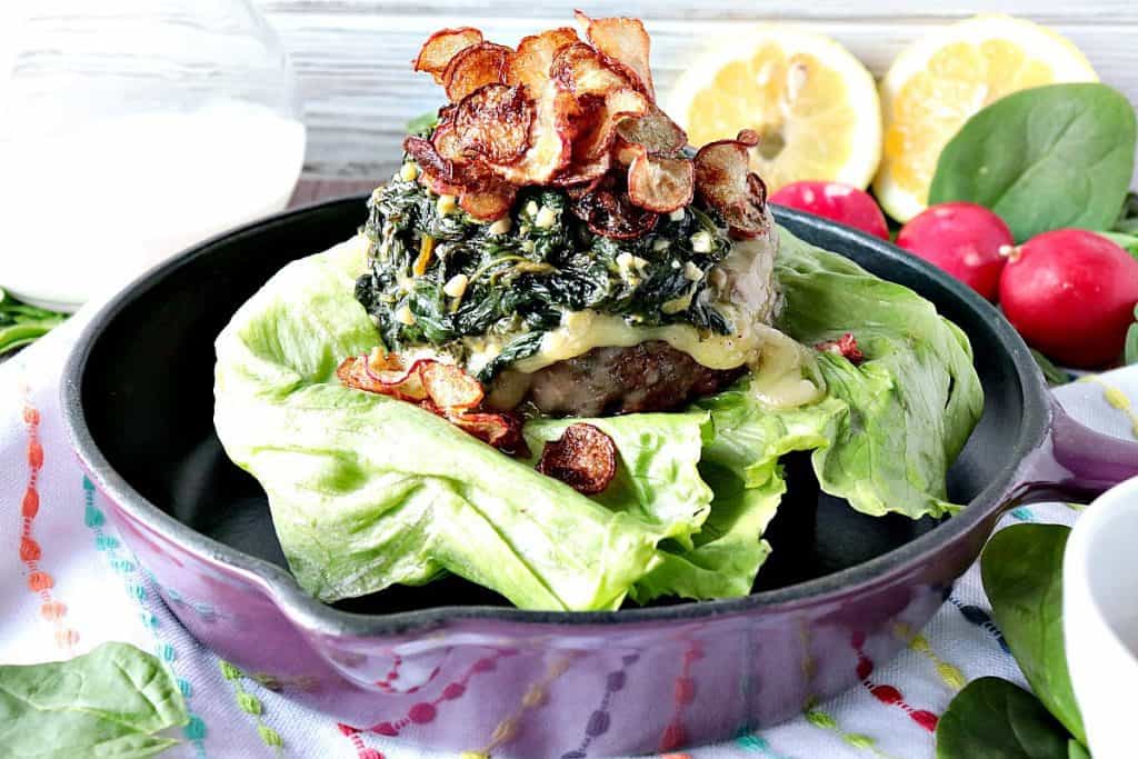 My mission, should I choose to accept, was to make a burger using the secret ingredients; lemon, spinach, cream, and radishes. The result is this 100% Beef Burger Topped with Creamy Lemon Spinach & Fried Radish Chips. What would you have made? - kudoskitchenbyrenee.com Ground Beef Burger with Creamy Lemon Spinach and Fried Radish Chips kudoskitchenbyrenee.com