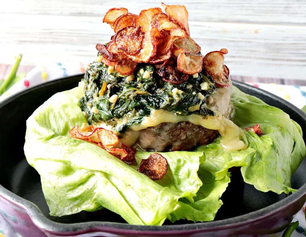 Ground Beef Burger with Creamy Lemon Spinach and Fried Radish Chips kudoskitchenbyrenee.com