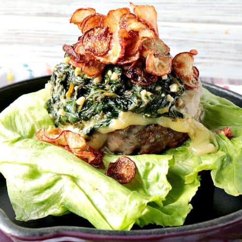 Ground Beef Burger with Creamy Lemon Spinach and Fried Radish Chips kudoskitchenbyrenee.com