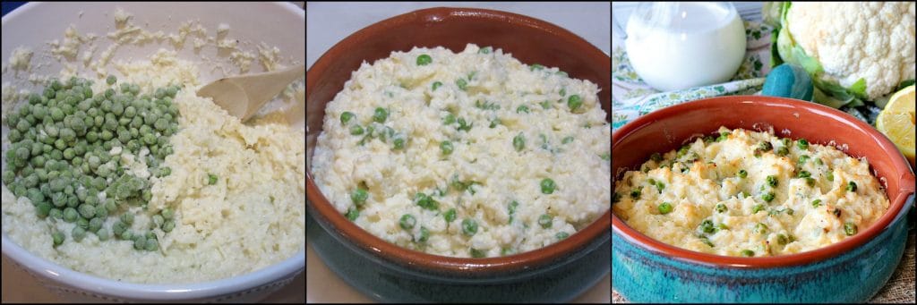 How to make Easy Cheesy Mashed Cauliflower Casserole with Peas, photo tutorial.