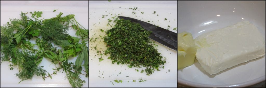 Making homemade Boursin Cheese spread with cream cheese and fresh herbs.