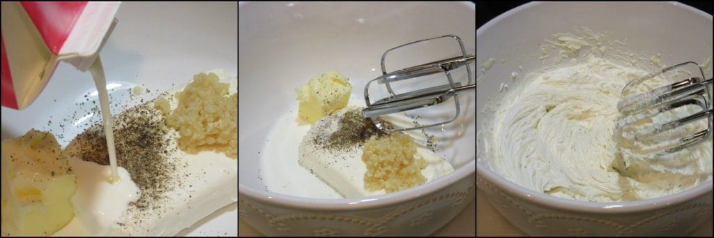 Three steps in making homemade boursin cheese.