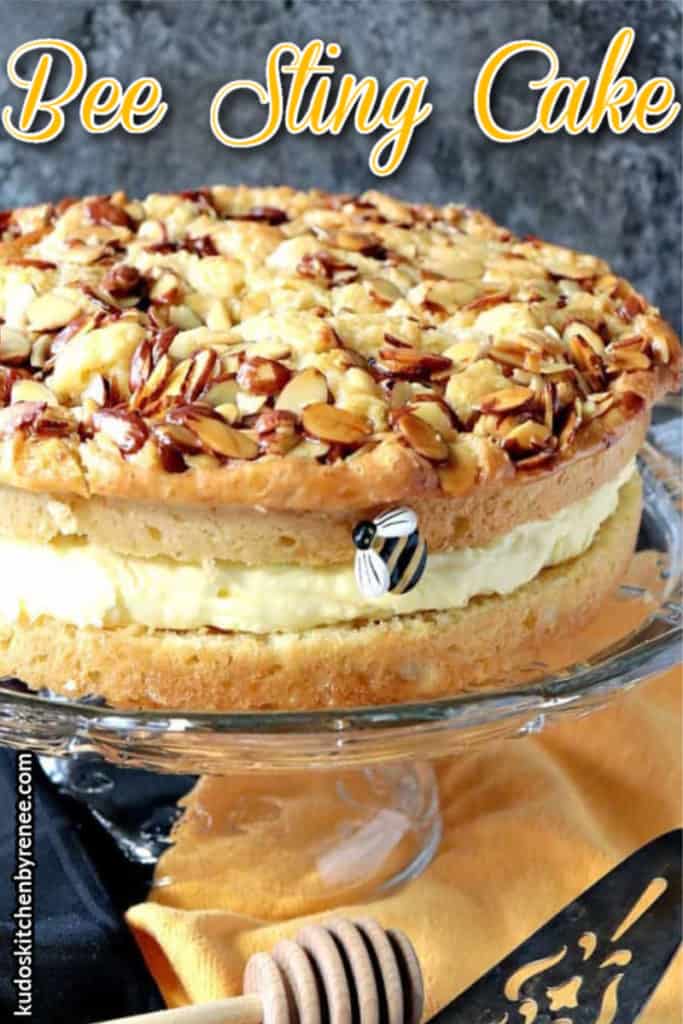 A vertical photo of a German bee sting cake with almond topping, a vanilla filling, and a tiny faux bee on the side with title text graphic overlay