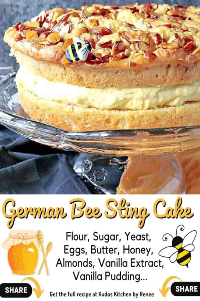 A vertical closeup along with a cute title text overlay graphic with ingredients for German Bee Sting Cake