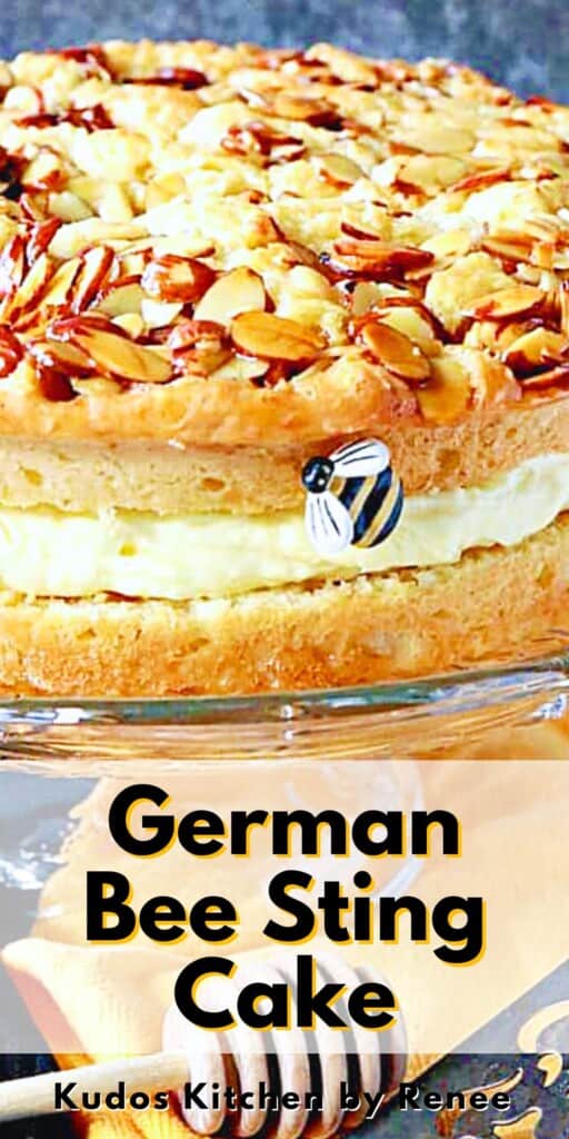 A Pinterest pin for German Bee Sting Cake with a title text.
