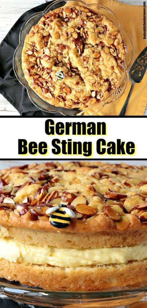 A photo collage of German bee sting cake with a title text overlay graphic