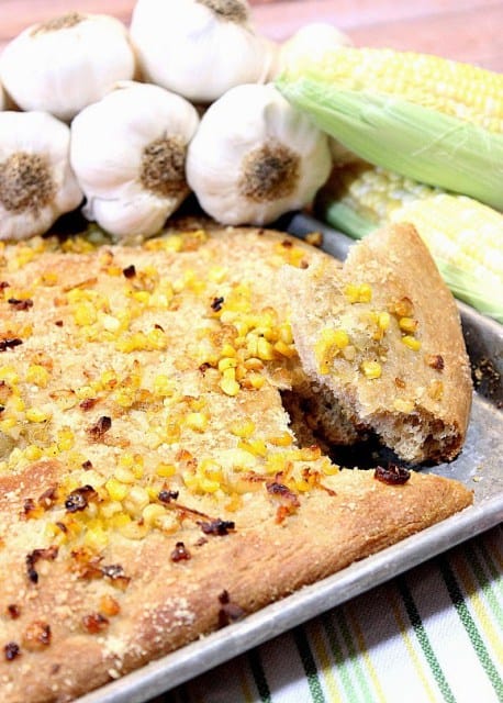 Garlic and sweet corn focaccia for Sweet Corn Recipe Roundup 