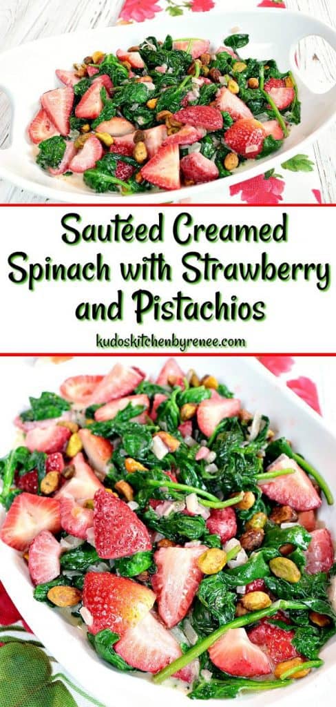 A two image collage of creamed spinach with strawberries in a bowl.