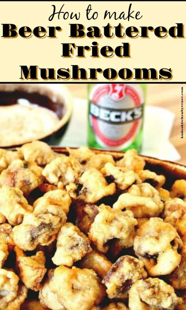 vertical title text image of beer battered fried mushrooms in a bowl with a bottle of beer in the background