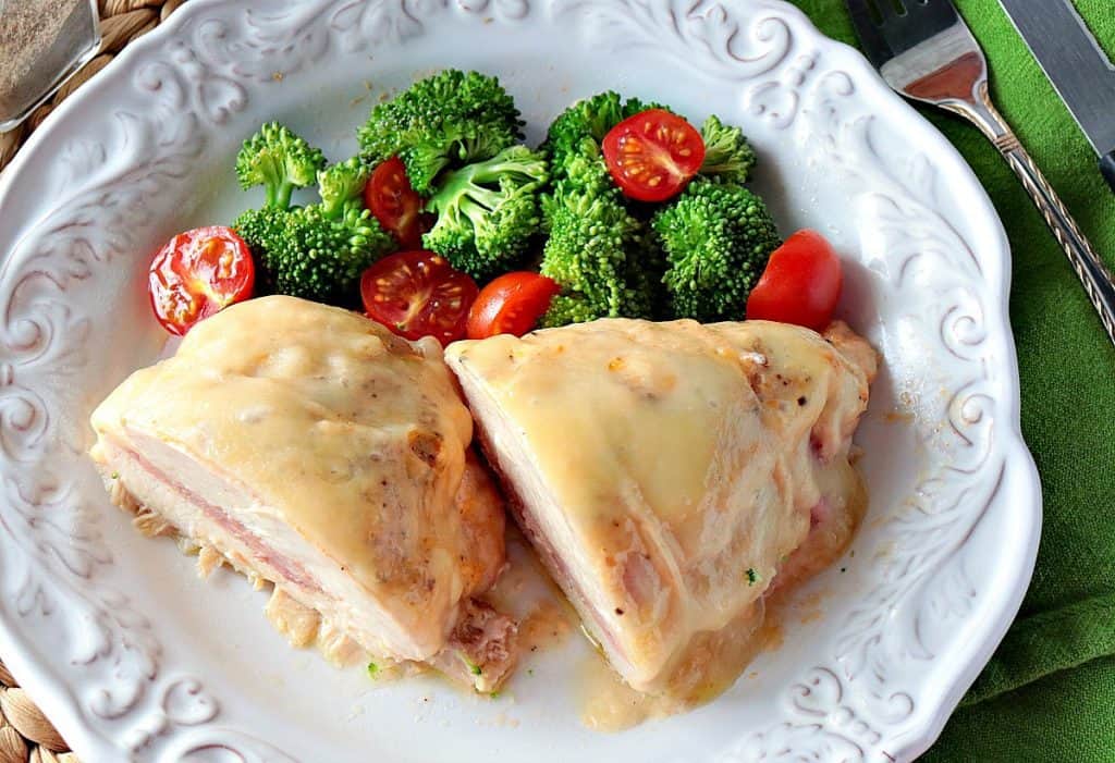 Gluten-Free Chicken Cordon Bleu Kudos Kitchen Style is a tender chicken breast stuffed with ham, Swiss cheese, and a kicky horseradish mayo sauce for extra flavor and pizzaz! - kudoskitchenbyrenee.com Gluten Free Chicken Cordon Bleu Recipe Kudos Kitchen Style - kudoskitchenbyrenee.com