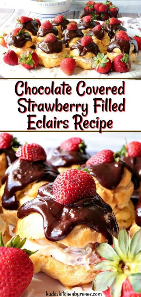 A vertical photo collage of chocolate covered strawberry filled cream puffs.