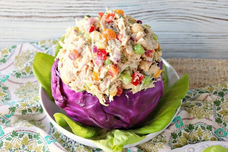 sweet & savory creamy chicken salad with dried apricots & macadamia nuts