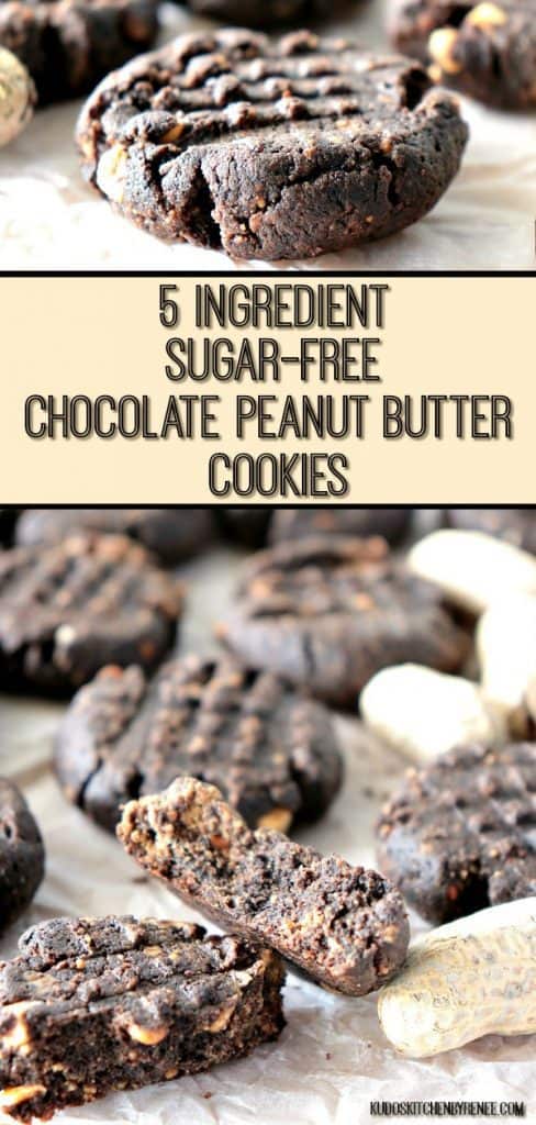 5 Ingredient Sugar Free Chocolate Peanut Butter Cookies Vertical Pin Collage Image - kudoskitchenbyrenee.com