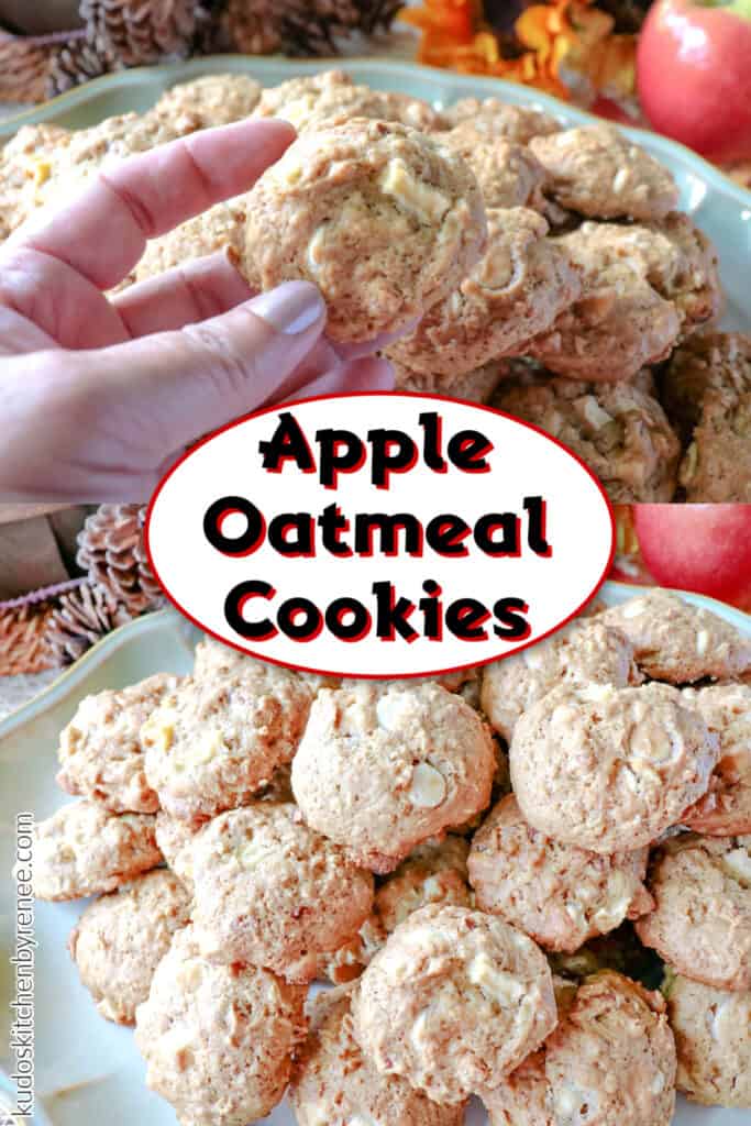 A vertical photo collage for Apple Oatmeal Cookies with a title text overlay graphic in the center.