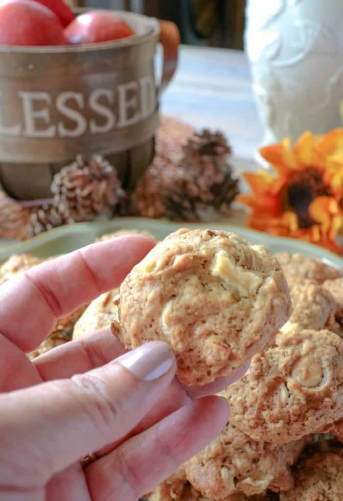 A closeup photo of a hand holding an Apple Oatmeal Cookie with sunflowers and pinecones in the background.