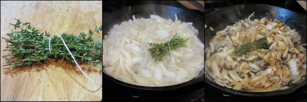 How to make thyme-infused caramelized onions for French Onion Sloppy Joes photo tutorial. - kudoskitchenbyrenee.com