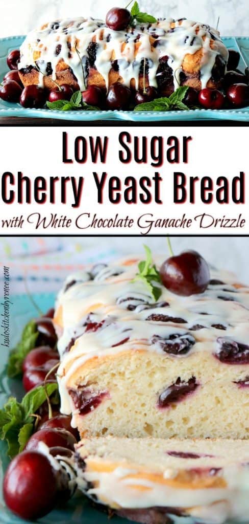 This recipe for Low Sugar Cherry Yeast Bread is inspired by a sweet apple yeast bread that a local bakery in our area sells in various markets around town. - kudoskitchenbyrenee.com #yeast #sweetbread #cherries #whitechocolate #cherryyeastbread #lowsugardessert Low Sugar Cherry Yeast Bread with White Chocolate Ganache Drizzle - kudoskitchenbyrenee.com