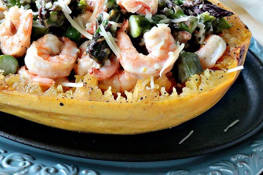 Roasted Spaghetti Squash Shrimp Scampi. - kudoskitchenbyrenee.com